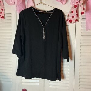 Quacker Factory Black Top with rhinestone Zipper Accent